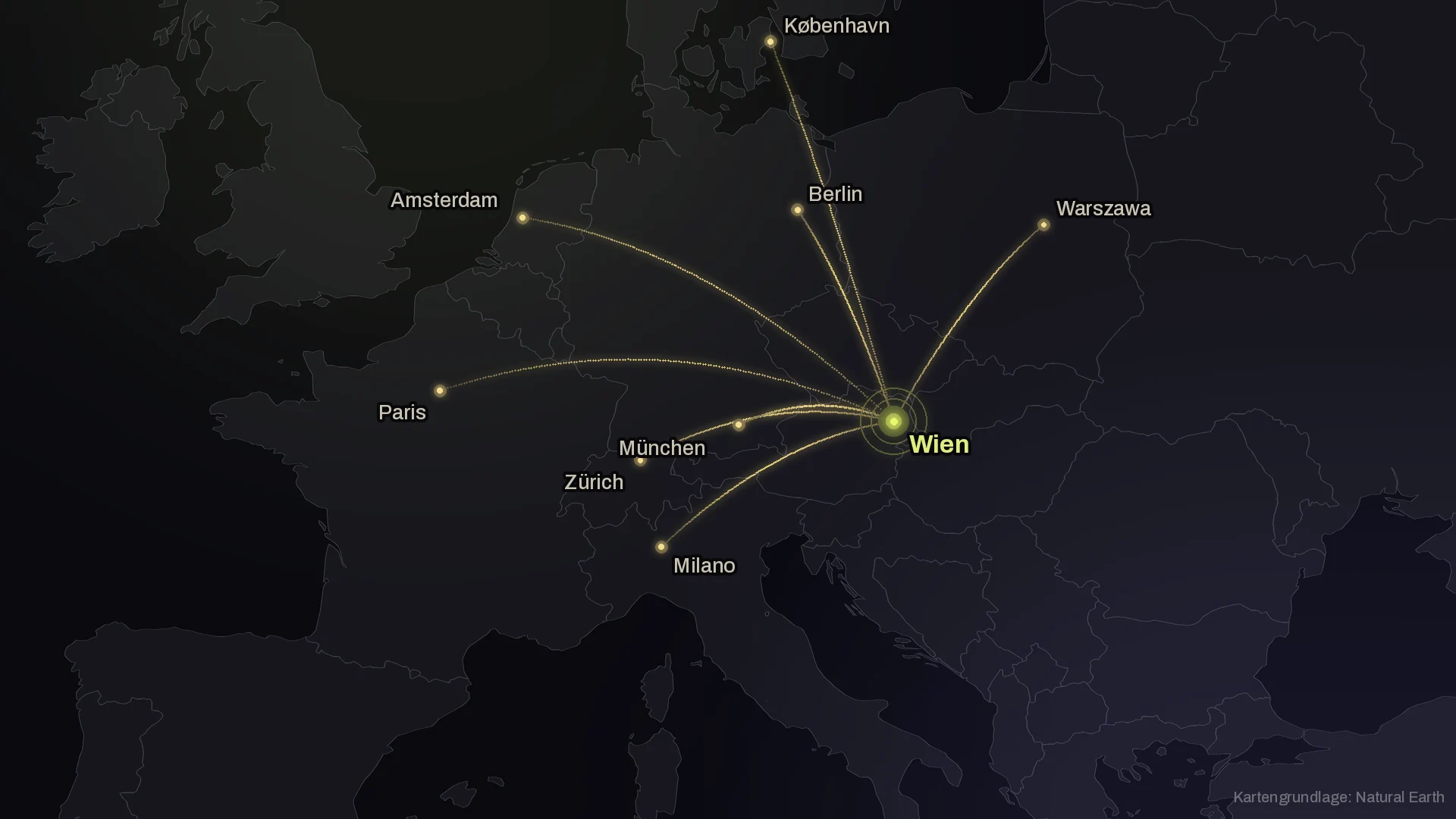 Dark map of Europe with a glowing node in Vienna and golden arcs reaching Berlin, Munich, Zurich, Milan, Paris, Amsterdam, Copenhagen and Warsaw